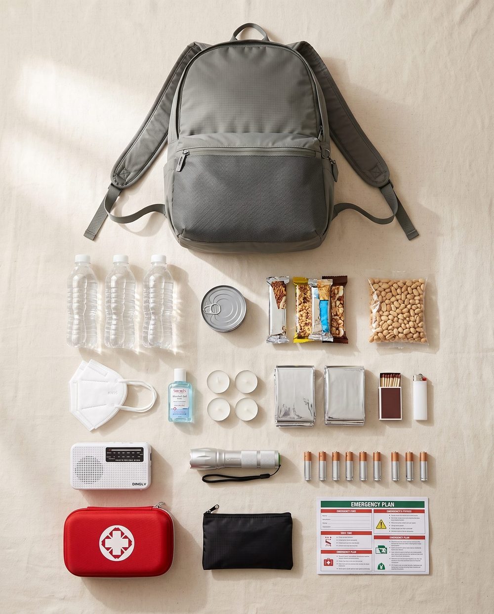Contenido completo de la mochila desplegado