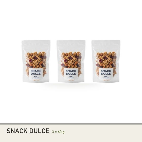 Tres snacks dulces de 60 gramos
